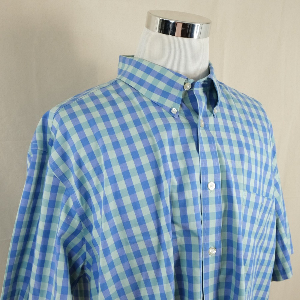 Orvis XXL Active Fit Button Down Shirt Blue Green Gingham Wrinkle Free Mens
